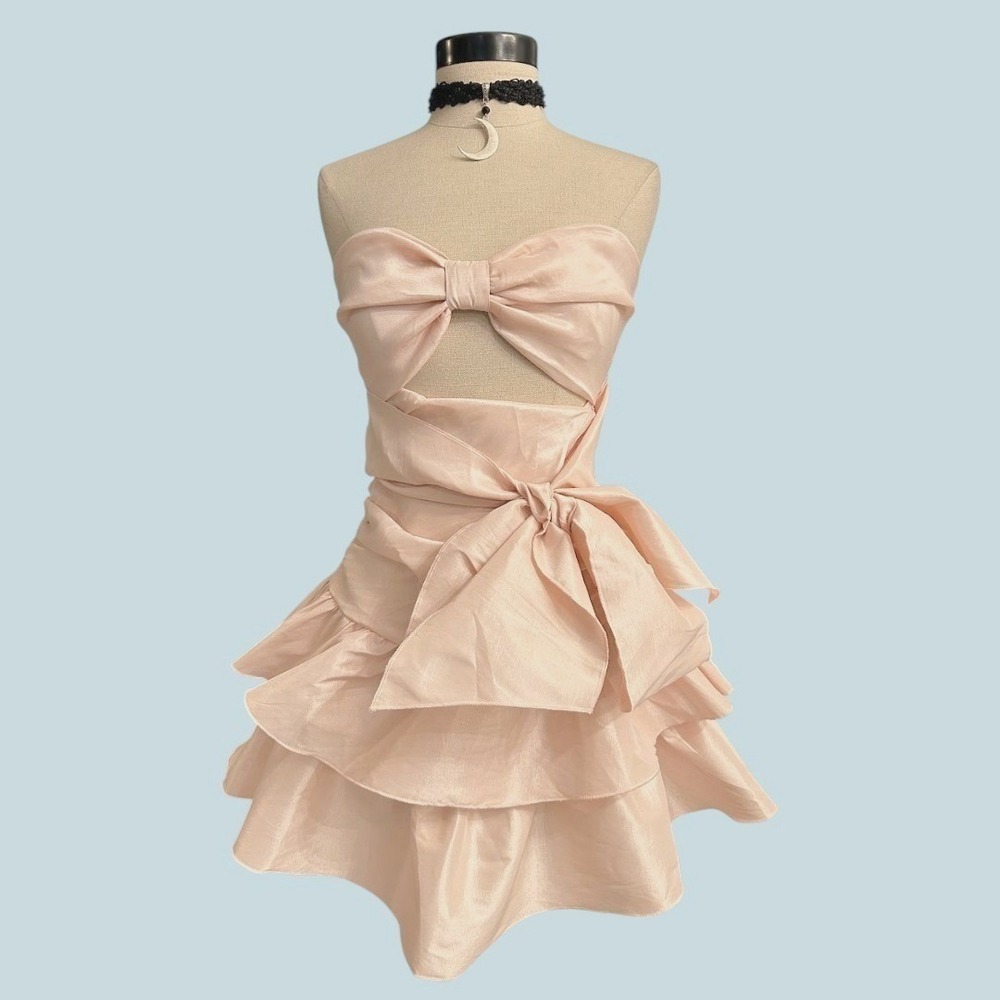 Pink Strapless Bow Ruffle Mini Dress SMALL Party Birthday Formal
